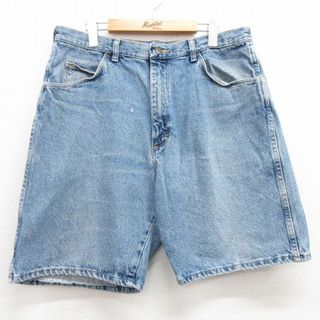 ラングラー(Wrangler)のW36★古着 ラングラー Wrangler ショート パンツ ショーツ メンズ 90年代 90s ヒゲ コットン USA製 紺 ネイビー デニム 24mar30 中古 ボトムス 短パン ショーパン ハーフ(ワークパンツ/カーゴパンツ)