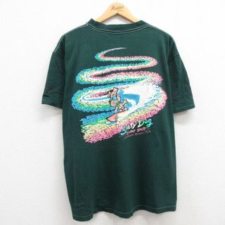 XL★古着 半袖 ビンテージ Tシャツ メンズ 80年代 80s 犬 サーフィン 胸ポケット付き 大きいサイズ コットン クルーネック 緑 グリーン 24mar30 中古(Tシャツ/カットソー(半袖/袖なし))