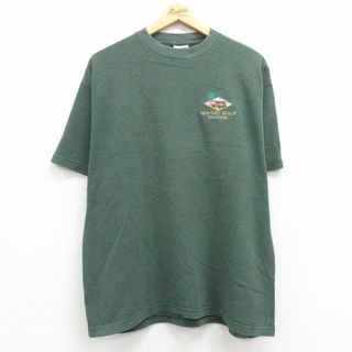 XL★古着 半袖 ビンテージ Tシャツ メンズ 90年代 90s ニューポートビーチ 車 クルーネック USA製 緑 グリーン 24mar30 中古(Tシャツ/カットソー(半袖/袖なし))