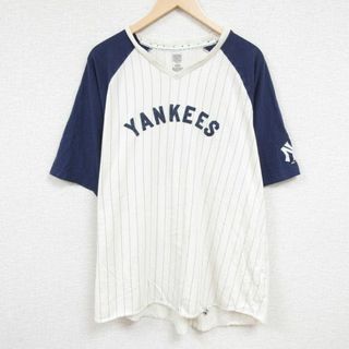 マジェスティック(Majestic)のXL★古着 マジェスティック 半袖 Tシャツ メンズ MLB ニューヨークヤンキース ツートンカラー 大きいサイズ ラグラン Vネック 白他 ホワイト ストライプ メジャーリーグ ベースボール 野球 24mar30 中古(Tシャツ/カットソー(半袖/袖なし))