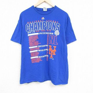 マジェスティック(Majestic)のXL★古着 マジェスティック 半袖 Tシャツ メンズ MLB ニューヨークメッツ 大きいサイズ コットン クルーネック 青 ブルー メジャーリーグ ベースボール 野球 24mar30 中古(Tシャツ/カットソー(半袖/袖なし))