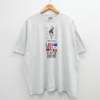 ヘインズ(Hanes)のXL★古着 ヘインズ Hanes 半袖 ビンテージ Tシャツ メンズ 90年代 90s アトランタオリンピック 大きいサイズ クルーネック USA製 薄グレー 霜降り 24mar30 中古(Tシャツ/カットソー(半袖/袖なし))