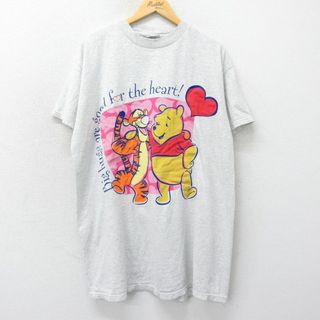 ディズニー(Disney)のXL★古着 半袖 ビンテージ Tシャツ メンズ 00年代 00s ディズニー DISNEY くまのプーさん ティガー 大きいサイズ ロング丈 クルーネック 薄グレー 霜降り 24mar30 中古(Tシャツ/カットソー(半袖/袖なし))