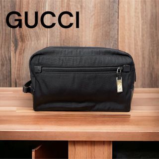 グッチ(Gucci)のGUCCI グッチ セカンドバッグ ロゴプレート キャンバス×レザー ブラック(セカンドバッグ/クラッチバッグ)