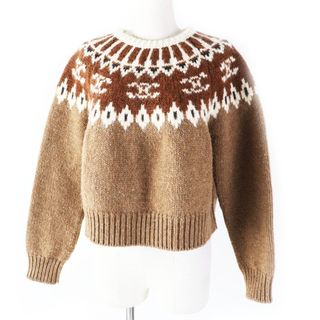セリーヌ(CELINE)の極美品◎CELINE セリーヌ 22AW 2ADJ7823V トリオンフ フェアアイル ジャガード クロップド クルーネックセーター ブラウン系 XS イタリア製 正規品 レディース(ニット/セーター)
