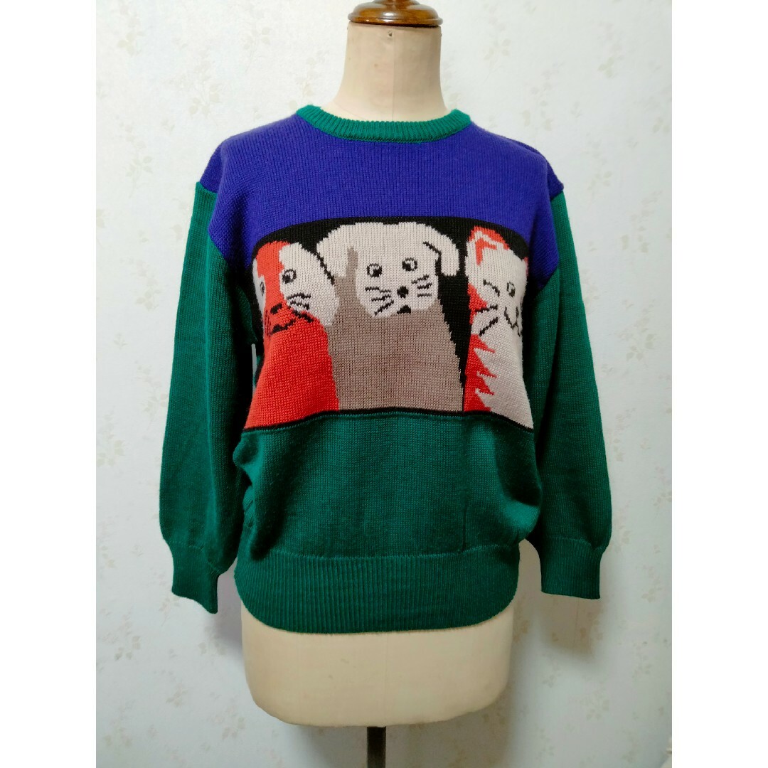 Miret 犬猫 ニット セーター 緑 青 レトロ レディースのトップス(ニット/セーター)の商品写真