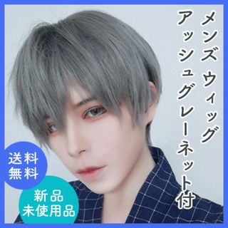 メンズウィッグ アッシュグレー ネット付き 男装 コスプレ 灰色(ショートストレート)