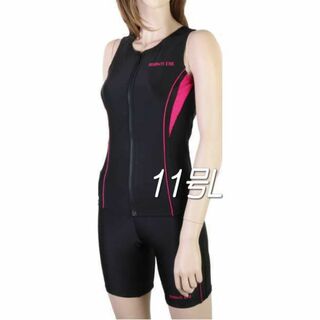 新品◆袖なしラン型・胸ボタン付フィットネス水着・11号L・切替黒×ピンク(水着)