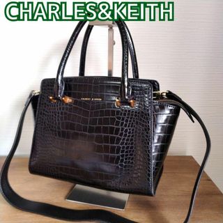 チャールズアンドキース(Charles and Keith)のチャールズアンドキース　ハンドバッグ　ショルダーバッグ　2way　型押し　黒(ハンドバッグ)