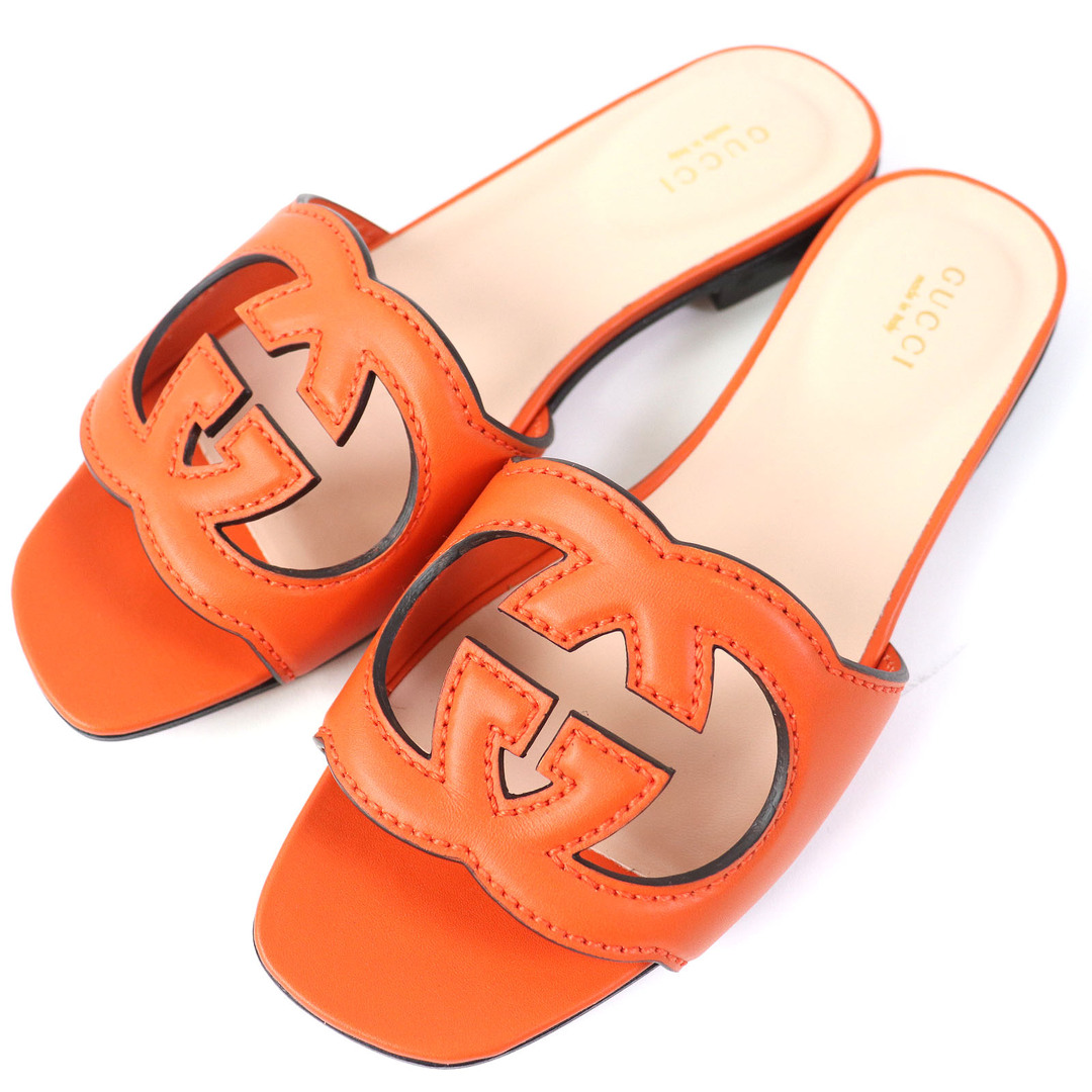 GUCCI - 未使用品△GUCCI グッチ 694451 レザー インターロッキングG カットアウト スライドサンダル オレンジ 36 保存袋付き イタリア製 レディース 定価96,800円