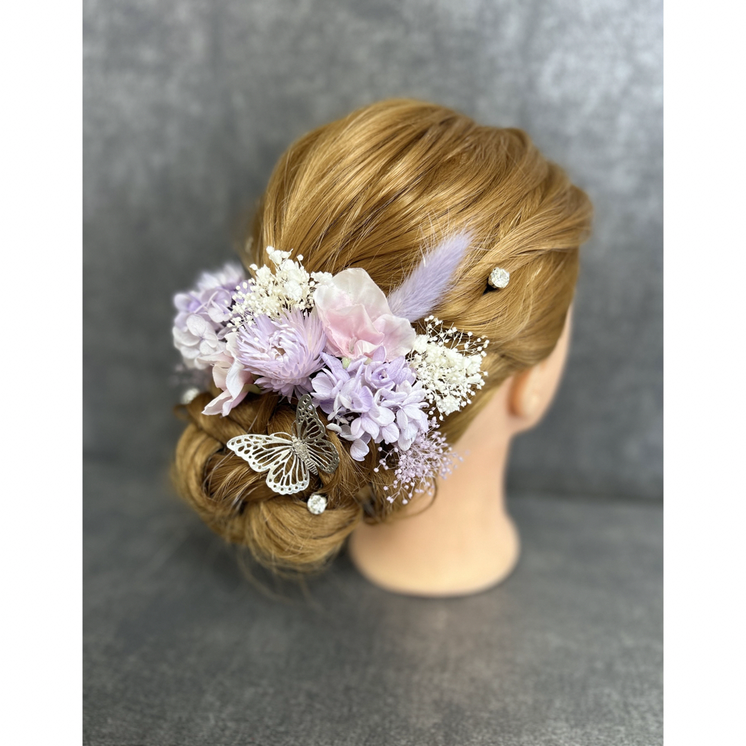 髪飾り 結婚式 成人式 卒業式 蝶々 ダイヤ 宝石 紫 ヘアアクセサリー ハンドメイドのアクセサリー(ヘアアクセサリー)の商品写真