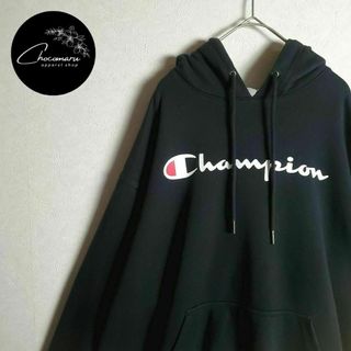 チャンピオン(Champion)の【チャンピオン 長袖プルオーバー パーカー ブラック 黒 ロゴプリント 古着】(パーカー)