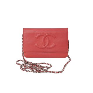 シャネル(CHANEL)のCHANEL シャネル 長財布 チェーンウォレット フラップ 19番台 キャビアスキン レッド系 シルバー金具 美品 中古 61810(財布)