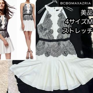 美品【BCBG MAXAZRIA】4サイズＭレース白黒ドレスワンピースストレッチ