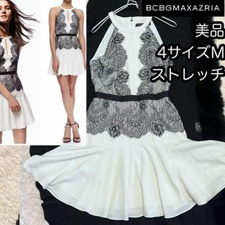 ビーシービージーマックスアズリア(BCBGMAXAZRIA)の美品【BCBG MAXAZRIA】4サイズＭレース白黒ドレスワンピースストレッチ(ミニドレス)