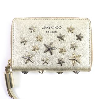 ジミーチュウ(JIMMY CHOO)の未使用品□JIMMY CHOO ジミーチュウ KYOMI スタースタッズ メタリック グレインレザー ラウンドファスナー コインパース コンパクトウォレット 財布 ゴールド 箱・保存袋付き ブルガリア製 レディース(コインケース)