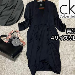 カルバンクライン(Calvin Klein)の美品【CK Calvin Klein】4サイズL 美ラインドレープドレス ラップ(ひざ丈ワンピース)