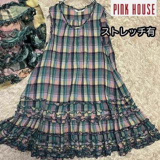 ピンクハウス(PINK HOUSE)のストレッチ【ピンクハウス】重ね段フリル総柄ワンピース チェック柄 ピンク 緑(ひざ丈ワンピース)