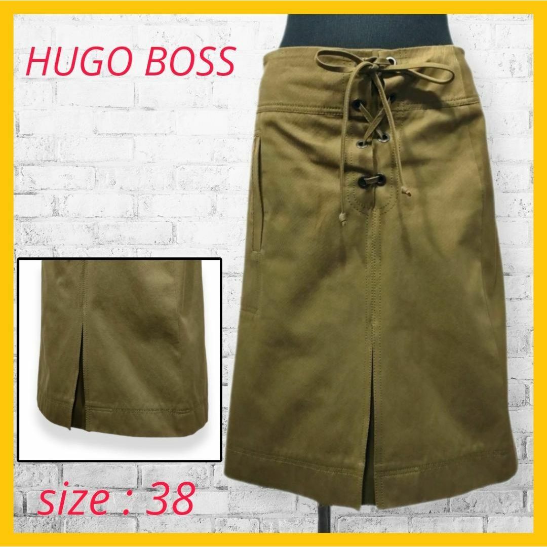 HUGO BOSS(ヒューゴボス)の美品 ヒューゴボス スカート 台形 ひざ丈 スリット リボン カーキ コットン レディースのスカート(ひざ丈スカート)の商品写真