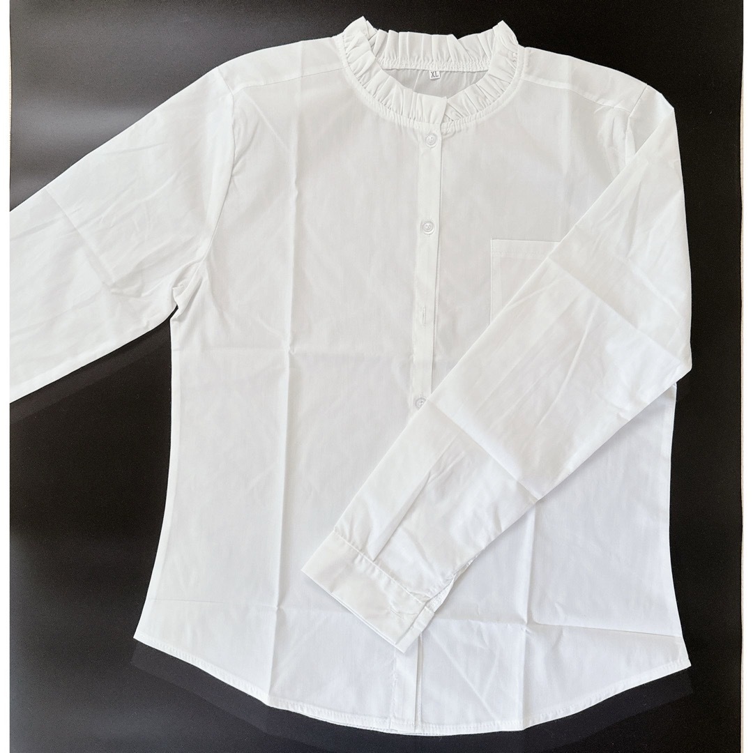 シャツ ブラウス 立ち襟 カジュアル 白 きれいめ 長袖 オフィス フリル L レディースのトップス(シャツ/ブラウス(長袖/七分))の商品写真
