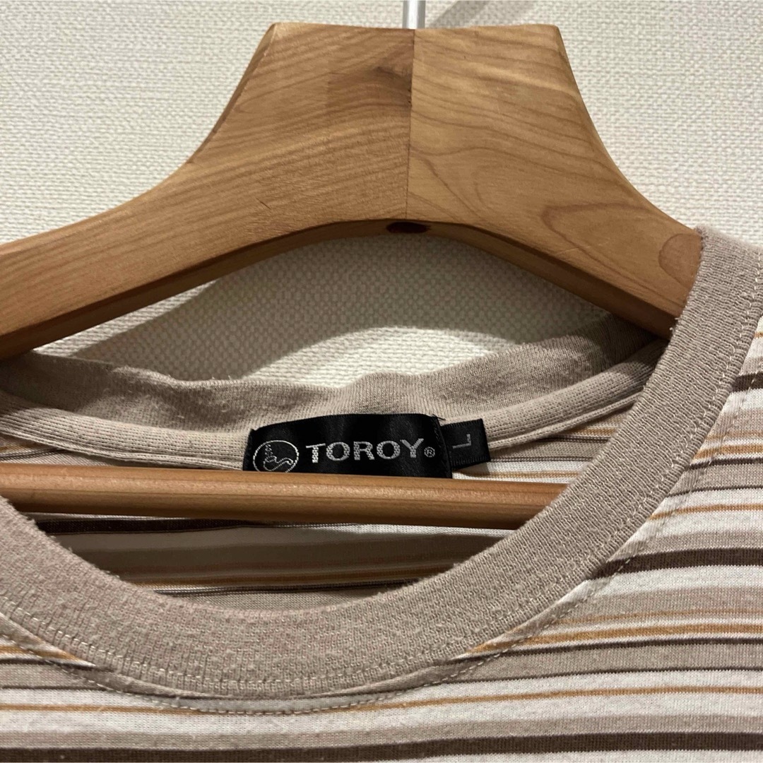 TOROY(トロイ)のTOROYメンズTシャツ半袖ブラウン　ボーダーLサイズ春夏 メンズのトップス(Tシャツ/カットソー(半袖/袖なし))の商品写真