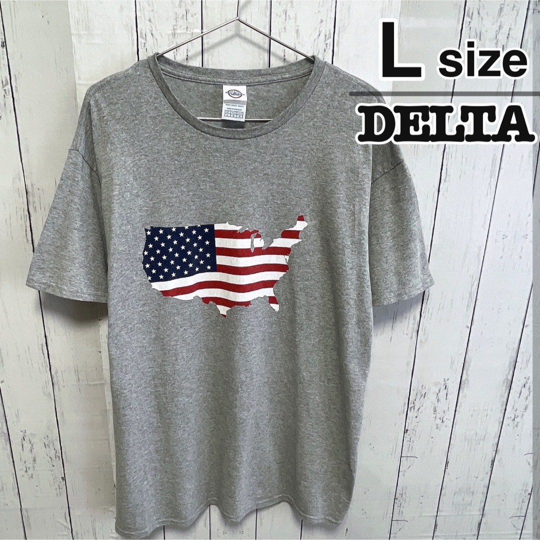 DELTA(デルタ)のDELTA　Tシャツ　Lサイズ　グレー　プリント　アメリカ　国旗　USA古着 メンズのトップス(Tシャツ/カットソー(半袖/袖なし))の商品写真