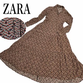 ザラ(ZARA)のZARAロングワンピース　小花柄　襟付き　S相当　レトロ　マキシ　総柄(ロングワンピース/マキシワンピース)