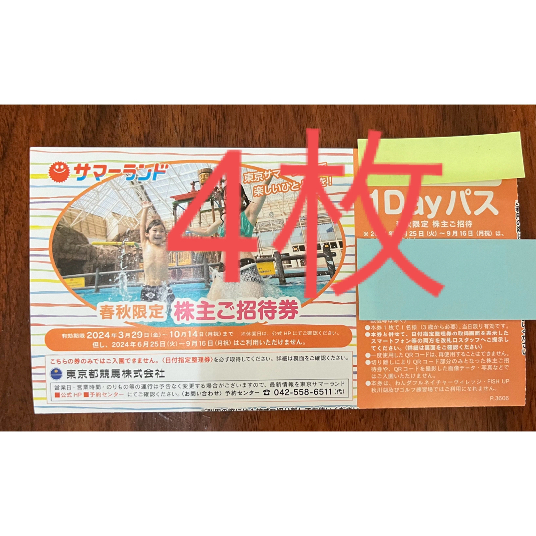 4枚　東京都競馬　株主優待券　東京サマーランド　春秋用 チケットの施設利用券(プール)の商品写真