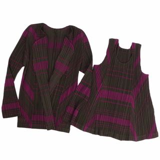 プリーツプリーズイッセイミヤケ(PLEATS PLEASE ISSEY MIYAKE)の美品 プリーツプリーズ イッセイミヤケ PLEATS PLEASE アンサンブル ブラウス ノースリーブ カーディガン プリーツ ボーダー トップス レディース 3(L相当) マルチカラー(カーディガン)