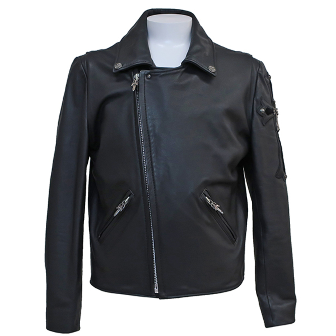 Chrome Hearts(クロムハーツ)のクロムハーツ CHROME HEARTS ライダースジャケット ベーシックモト ラージクロス  レザー ブラック S シルバー金具 黒 ダブル 【中古】 メンズのジャケット/アウター(ライダースジャケット)の商品写真