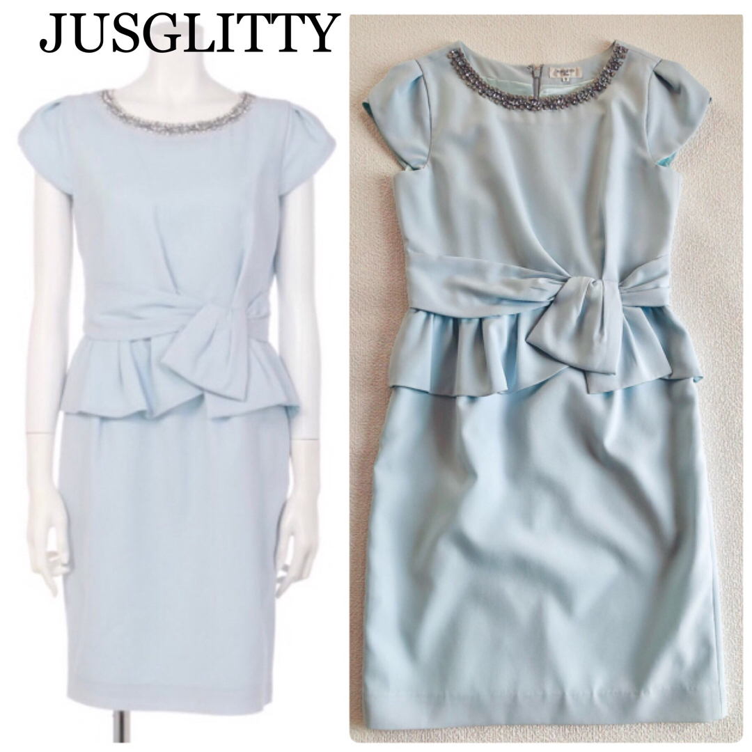 JUSGLITTY(ジャスグリッティー)の美品　ジャスグリッティー 衿ビジューぺプラムワンピース  パーティードレス　M レディースのフォーマル/ドレス(ミディアムドレス)の商品写真