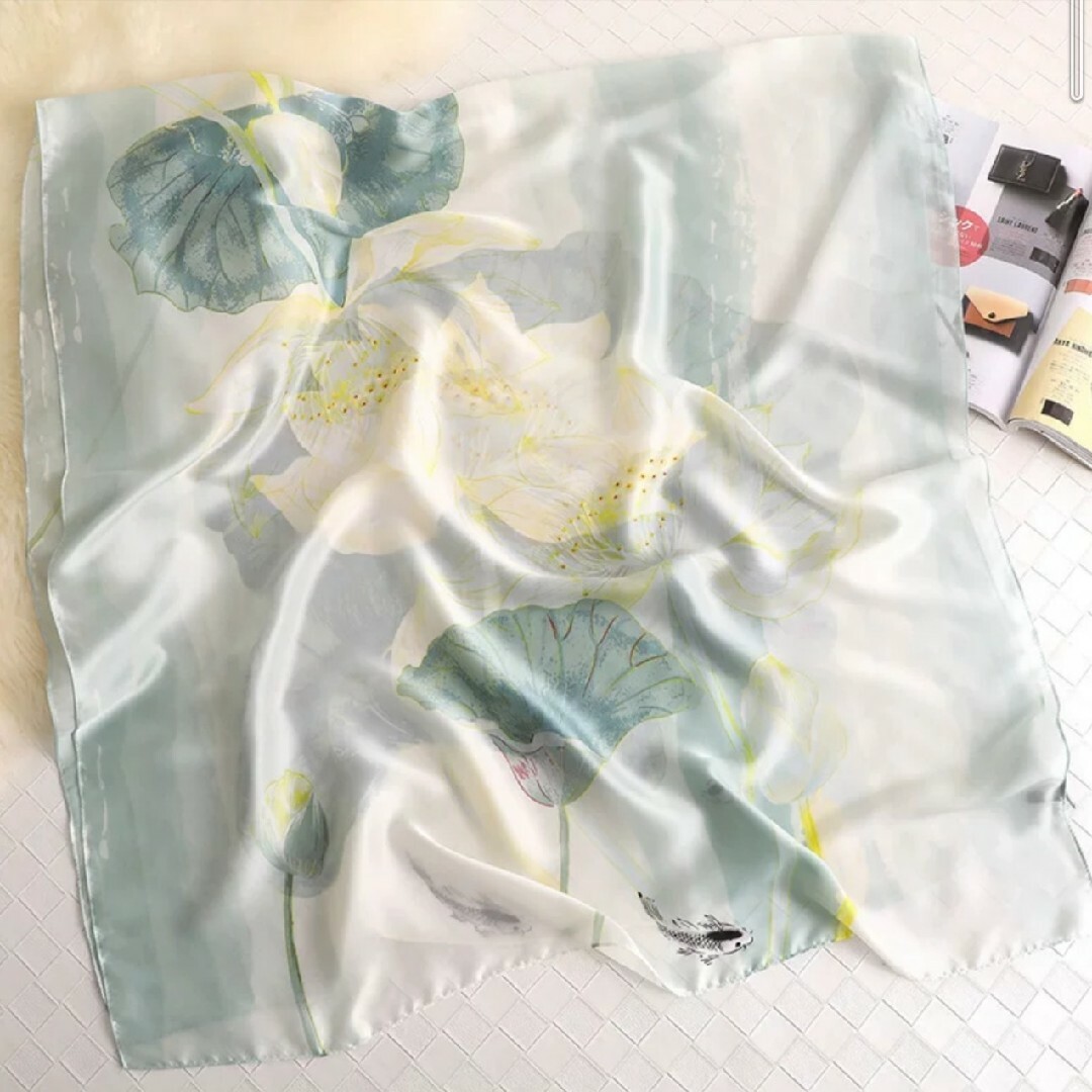 レディース ストール ショール 薄手 シルク 日除け 紫外線対策 花柄 グリーン レディースのファッション小物(ストール/パシュミナ)の商品写真