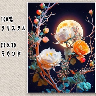 【843】ダイヤモンドアートキット　100％クリスタル　ラウンド　満月とお花(アート/写真)