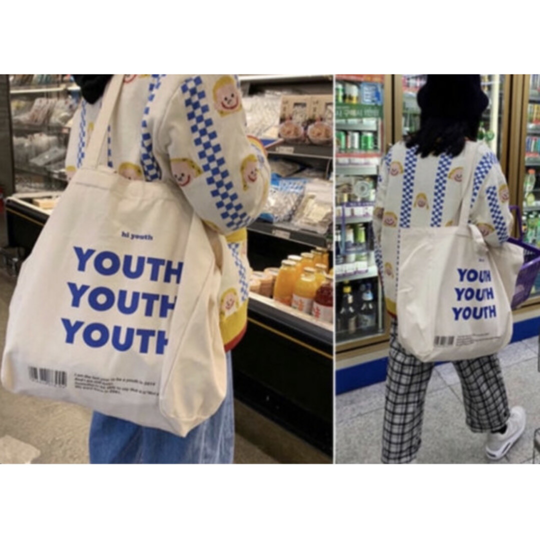 youth ロゴ トートバッグ 大容量 肩掛け ショルダーバッグ 新品 美品 白 レディースのバッグ(ショルダーバッグ)の商品写真