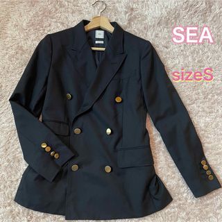 【美品】SEA　ジャケット　紺ブレザー　カシミヤ混　金ボタン　ダブル