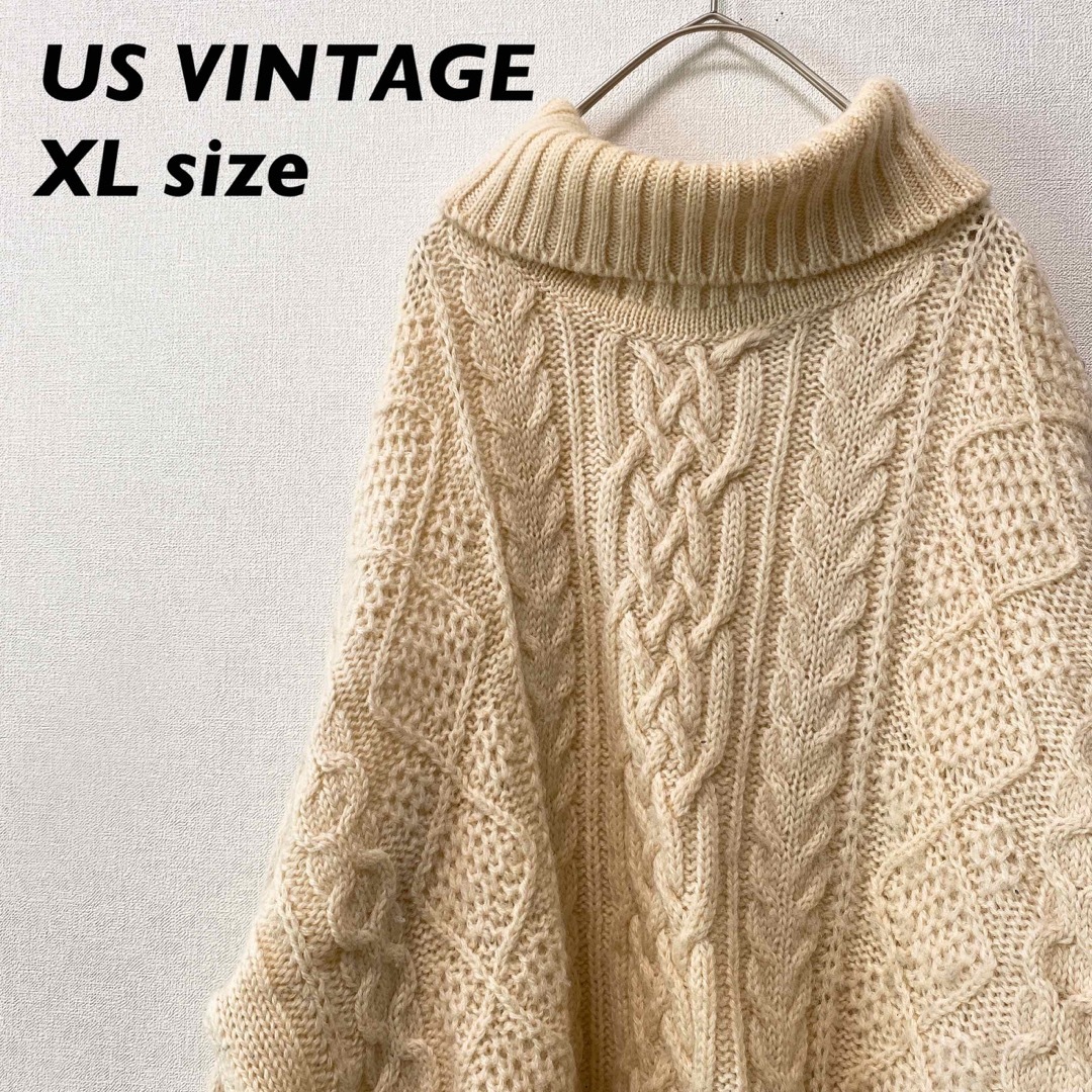 US古着　ニット　セーター　タートルネック　ケーブル編み　男女兼用　XLサイズ メンズのトップス(ニット/セーター)の商品写真