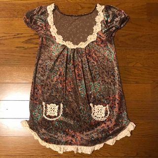 １度着用のみ☆パルコ購入・ロングトップス・チュニック・ベロア・レース・小花柄・S(シャツ/ブラウス(半袖/袖なし))