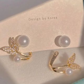 【新品未着用】バタフライパールピアス 韓国ピアス 純欲 キラキラピアス 中華(ピアス)