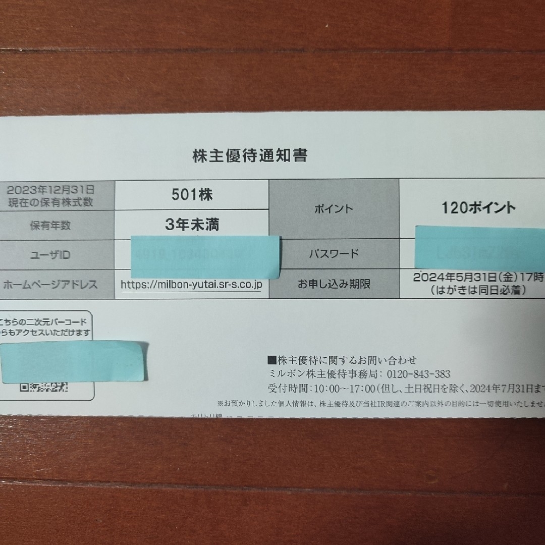 ミルボン(ミルボン)のミルボン 120P 株主優待 チケットの優待券/割引券(ショッピング)の商品写真