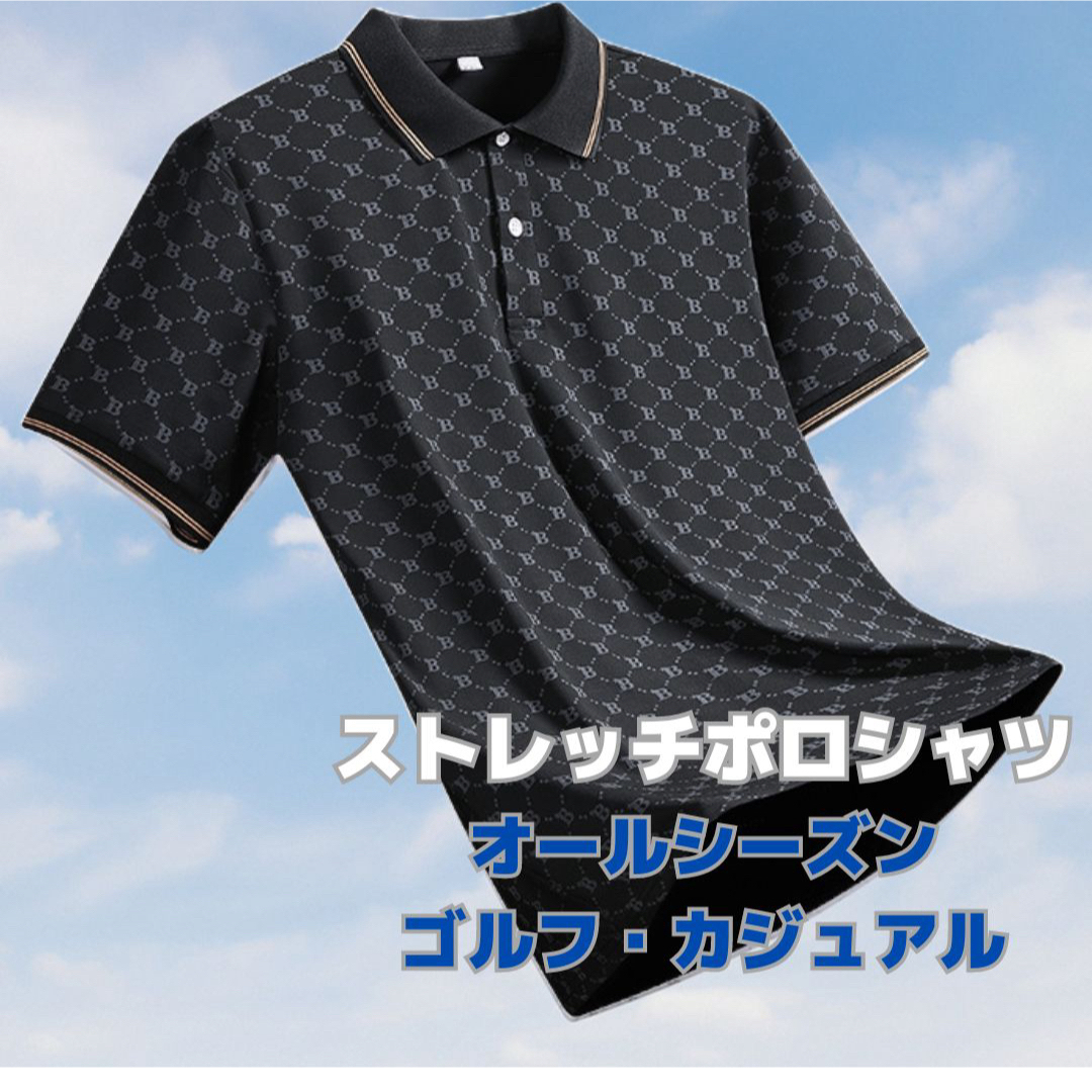 ●新品●半袖ポロシャツ ドット柄 4XL<ブラック×ゴールド>カジュアル 黒×金 メンズのトップス(ポロシャツ)の商品写真