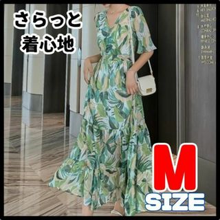 花柄 フレアワンピース シフォン ロングワンピース レトロ 半袖 ウエストマーク(ロングワンピース/マキシワンピース)