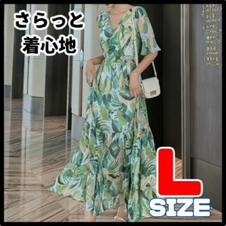 花柄 フレアワンピース シフォン ロングワンピース レトロ 半袖 ウエストマーク(ロングワンピース/マキシワンピース)