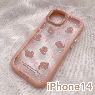 ねこ ＆ りぼん おしゃれ iPhone14ケース ピンク ブラウン クリア(iPhoneケース)