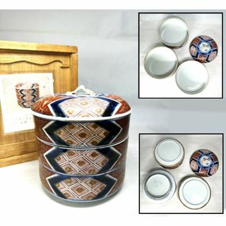 江戸後期 古伊万里 染錦 三段重 箱付 ウブ品 伝世品 入手困難 WWTT232(陶芸)