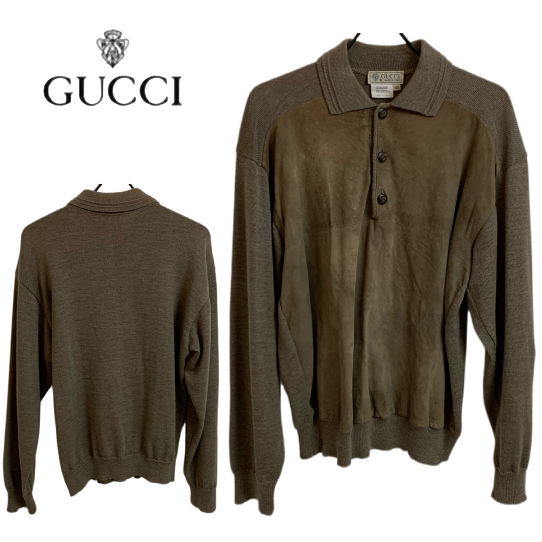 Gucci(グッチ)のOLD GUCCI オールドグッチ 80s イタリア製 スエードレザー切替ニット メンズのトップス(ニット/セーター)の商品写真