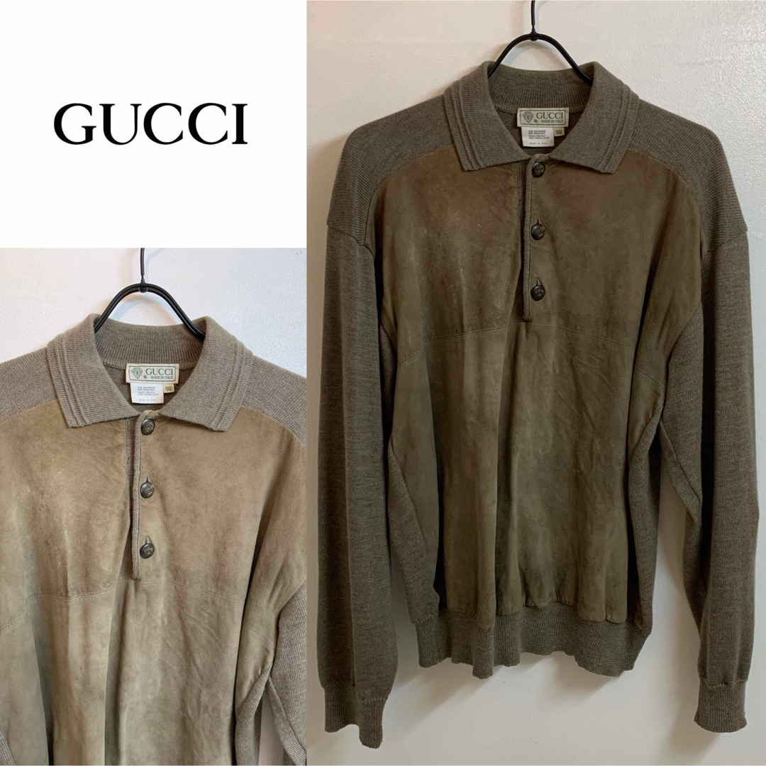 Gucci(グッチ)のOLD GUCCI オールドグッチ 80s イタリア製 スエードレザー切替ニット メンズのトップス(ニット/セーター)の商品写真