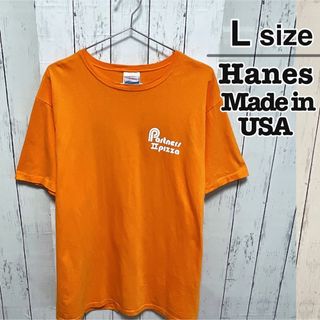 ヘインズ(Hanes)のUSA製　Hanes　Tシャツ　L　オレンジ　プリント　シングルステッチ　古着(Tシャツ/カットソー(半袖/袖なし))