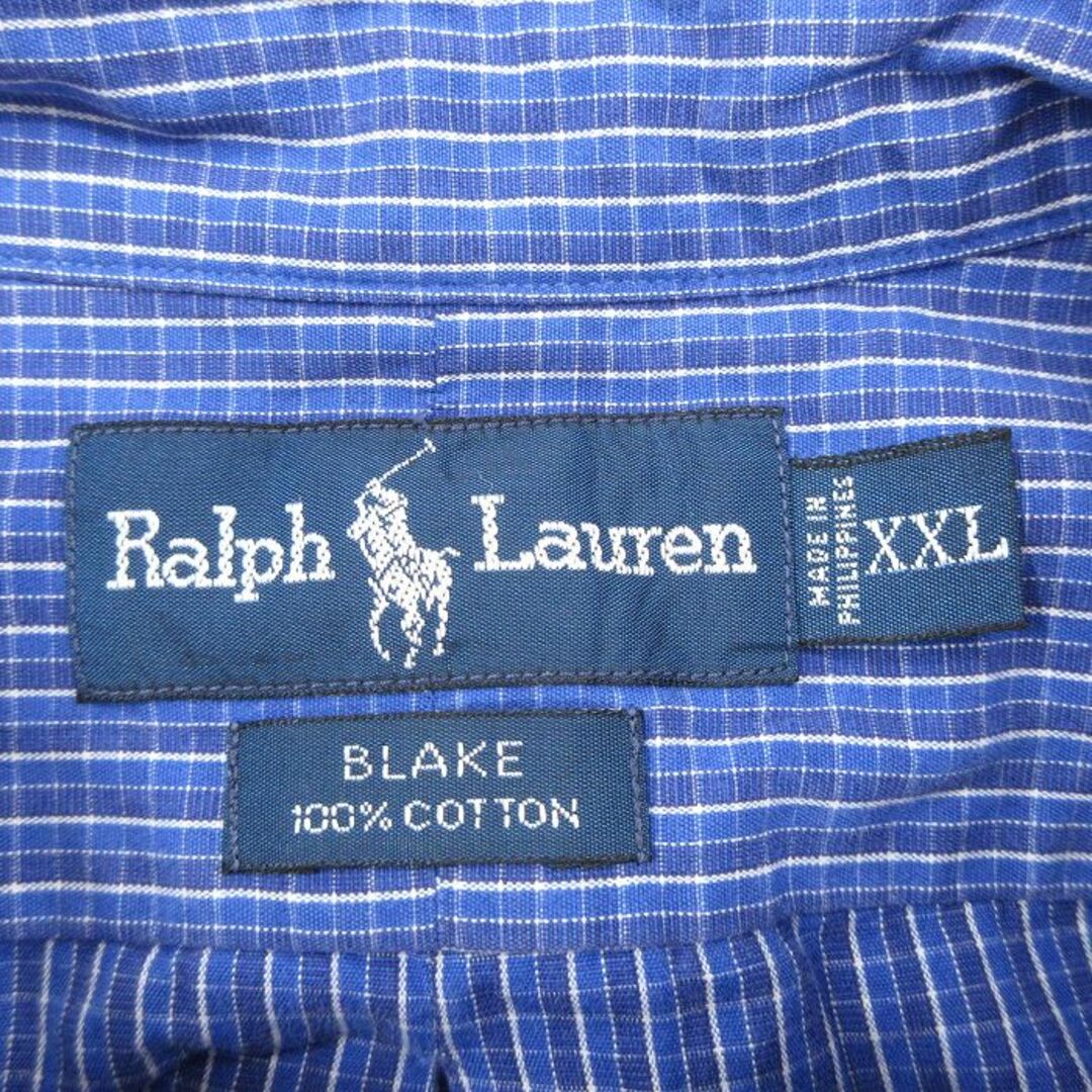 Ralph Lauren(ラルフローレン)のXL★古着 ラルフローレン Ralph Lauren 半袖 ブランド シャツ メンズ 90年代 90s ワンポイントロゴ BLAKE 大きいサイズ ロング丈 コットン ボタンダウン 青他 ブルー チェック 【spe】 24apr01 中古 トップス メンズのトップス(シャツ)の商品写真