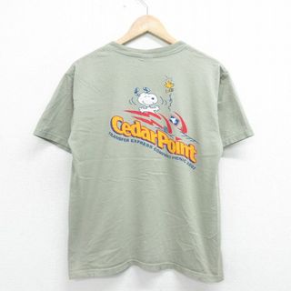 スヌーピー(SNOOPY)のL★古着 半袖 ビンテージ Tシャツ メンズ 00年代 00s スヌーピー SNOOPY ウッドストック コットン クルーネック 薄緑 グリーン 24apr01 中古(Tシャツ/カットソー(半袖/袖なし))