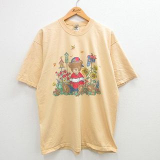 フルーツオブザルーム(FRUIT OF THE LOOM)のXL★古着 フルーツオブザルーム 半袖 ビンテージ Tシャツ メンズ 00年代 00s クマ ヒマワリ コットン クルーネック 黄 イエロー 24apr01 中古(Tシャツ/カットソー(半袖/袖なし))